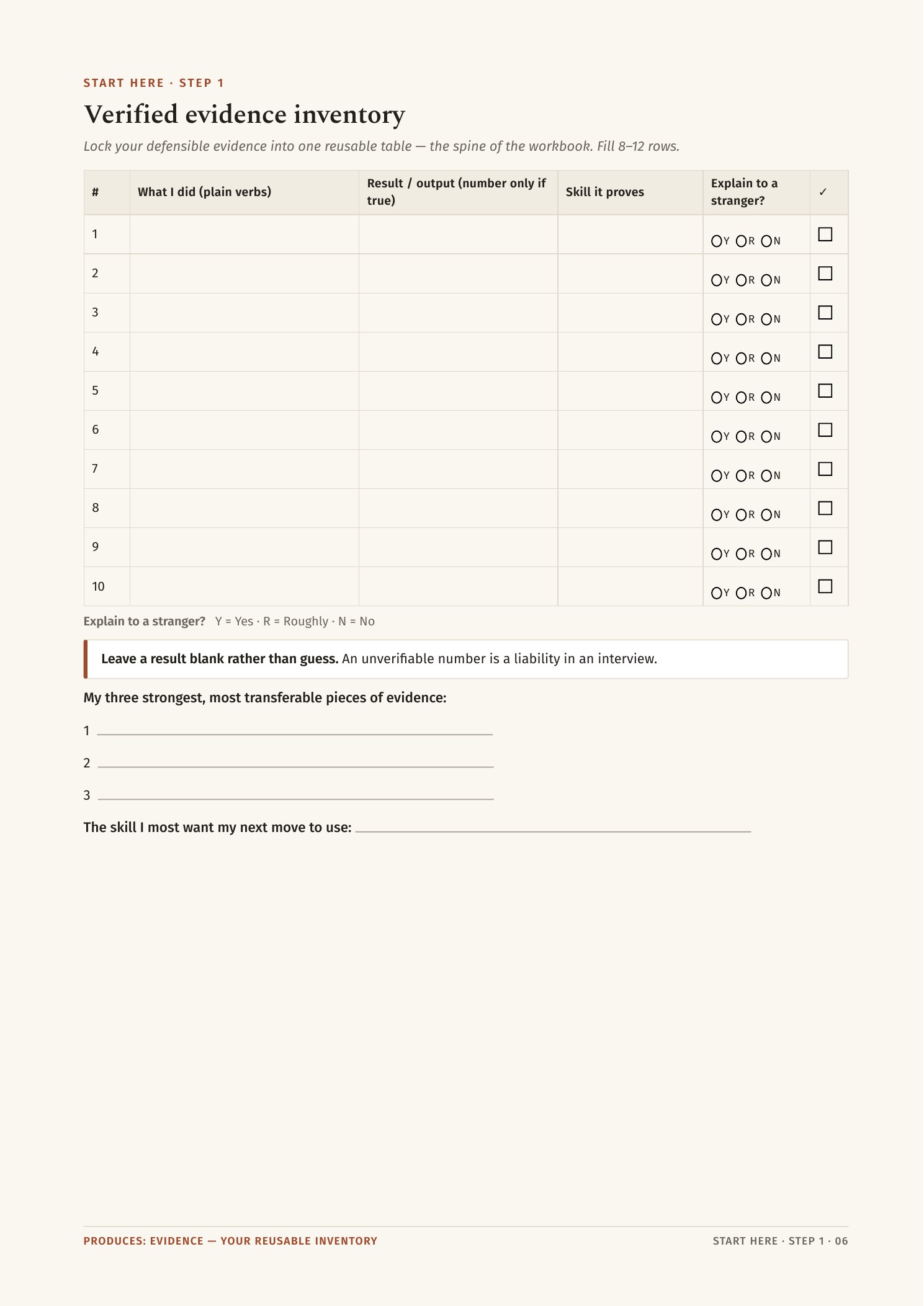 Workbook page — Verified evidence inventory table