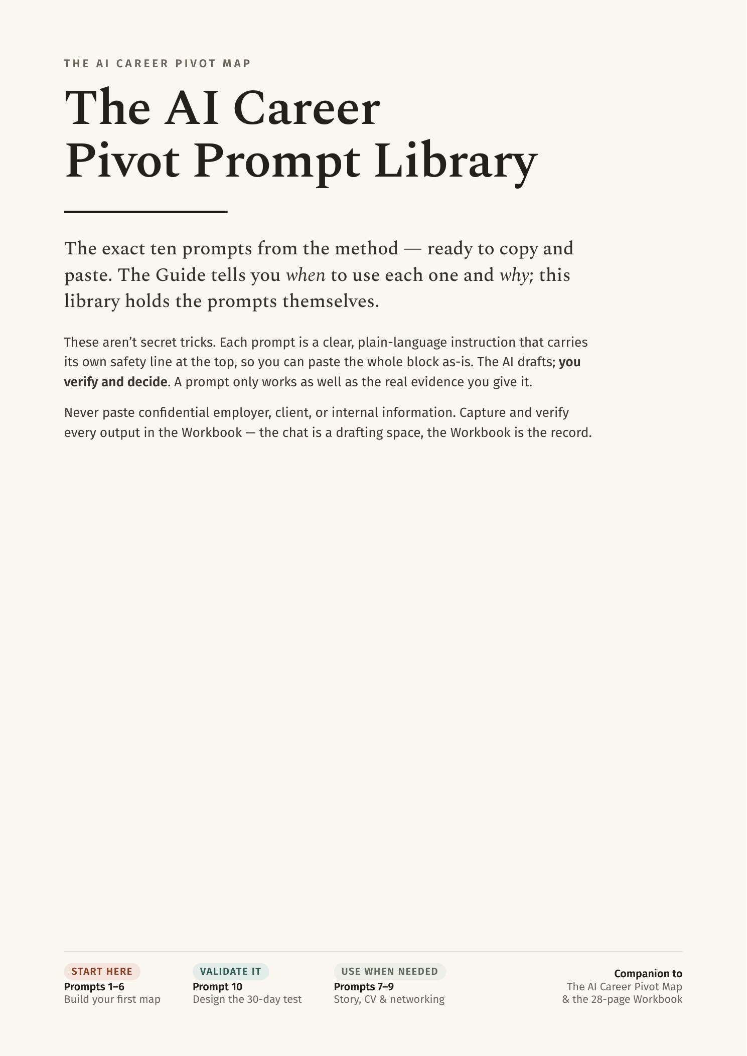 The AI Career Pivot Prompt Library cover with sample copy-paste prompt cards