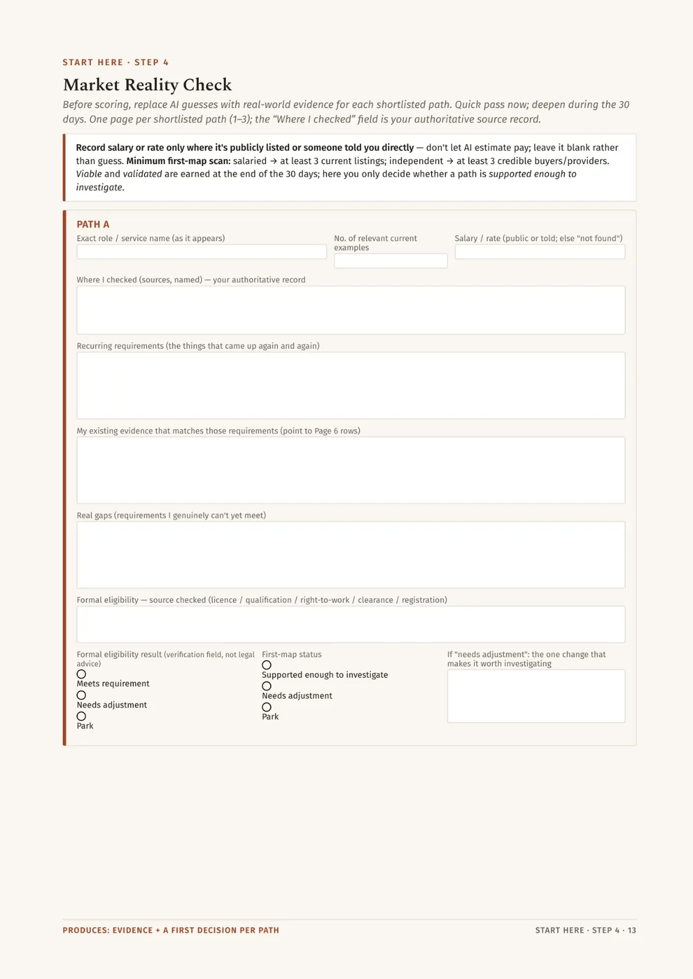 Workbook page: Market Reality Check grid for comparing requirements, pay evidence, and eligibility for each shortlisted path